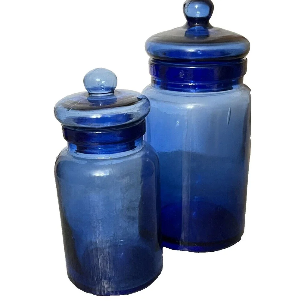 Lot 2 Cobalt Blue Glass Vintage Apothecary Jar Pier 1 Canister Set Lids 8 10.5in